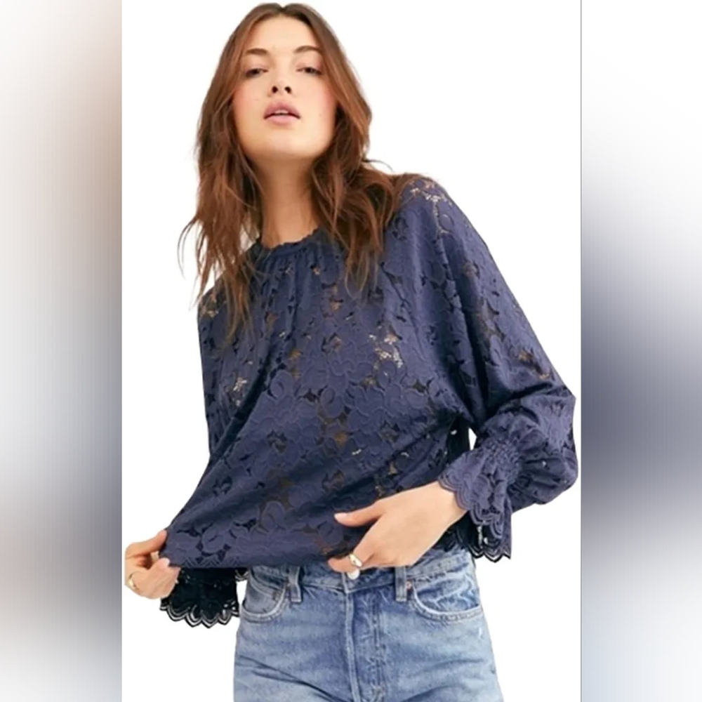 Free People Balloon Sleeve Navy Blue Lace Top Medium